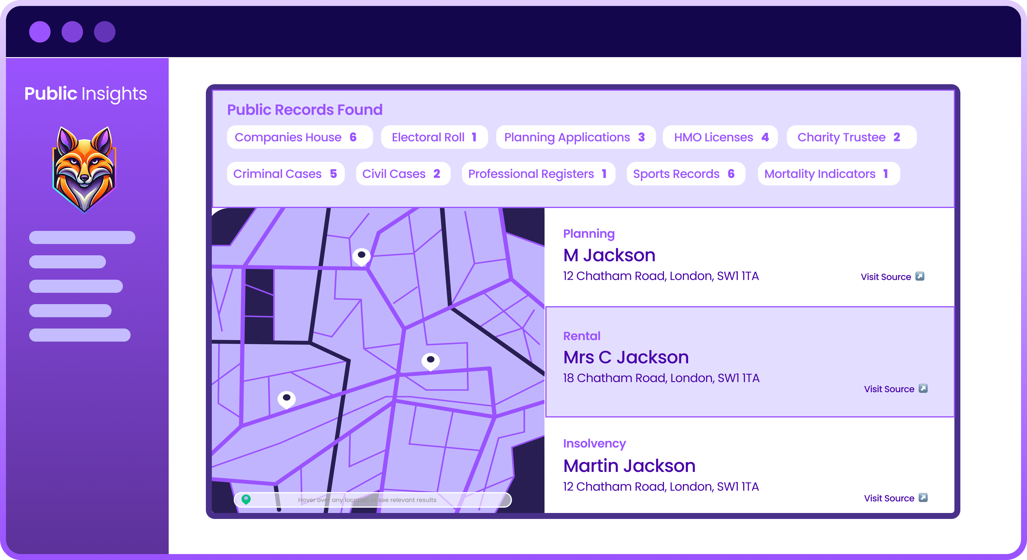 Cradle search interface showing UK public-record results
