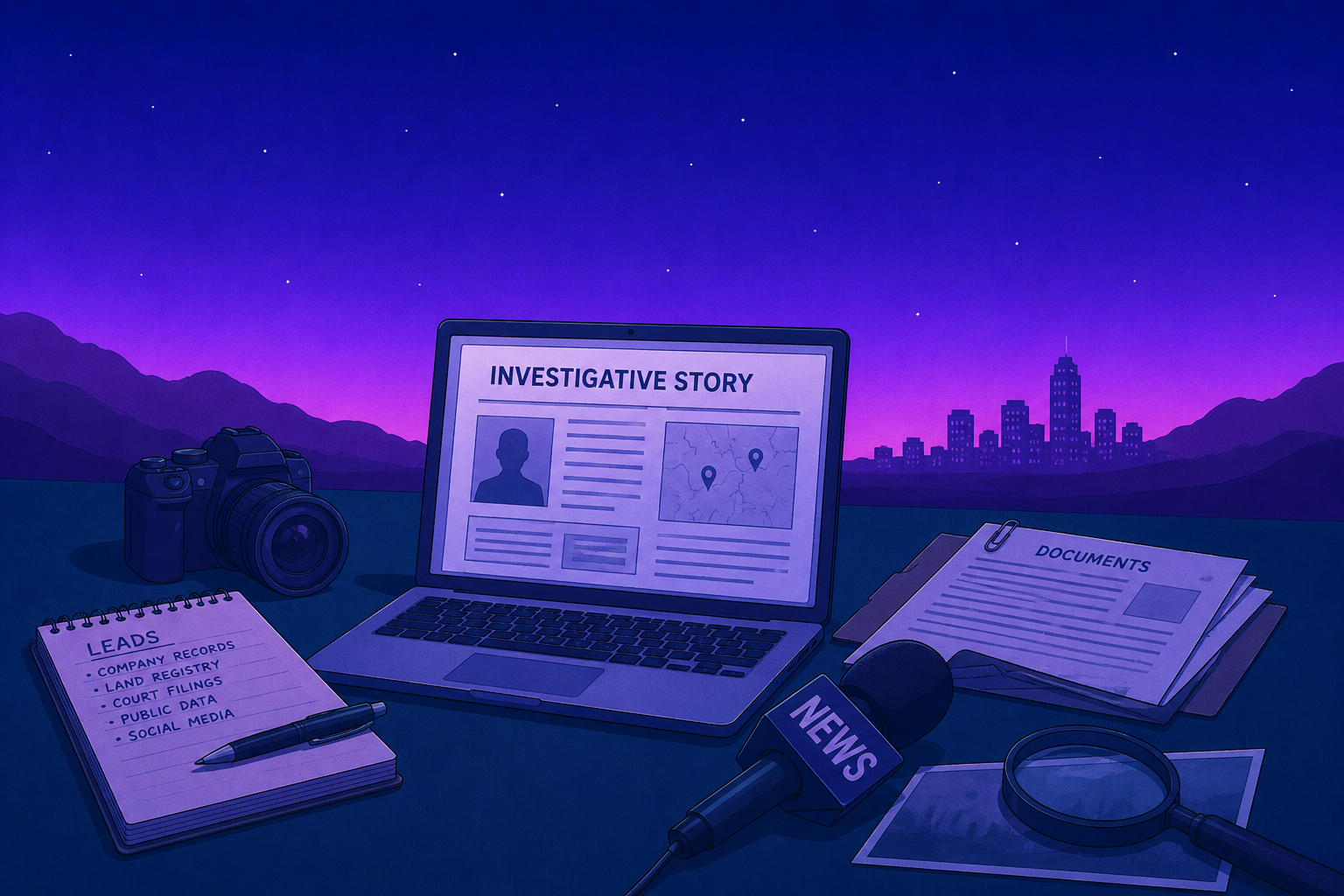 Investigative journalist reviewing documents and connected UK public records